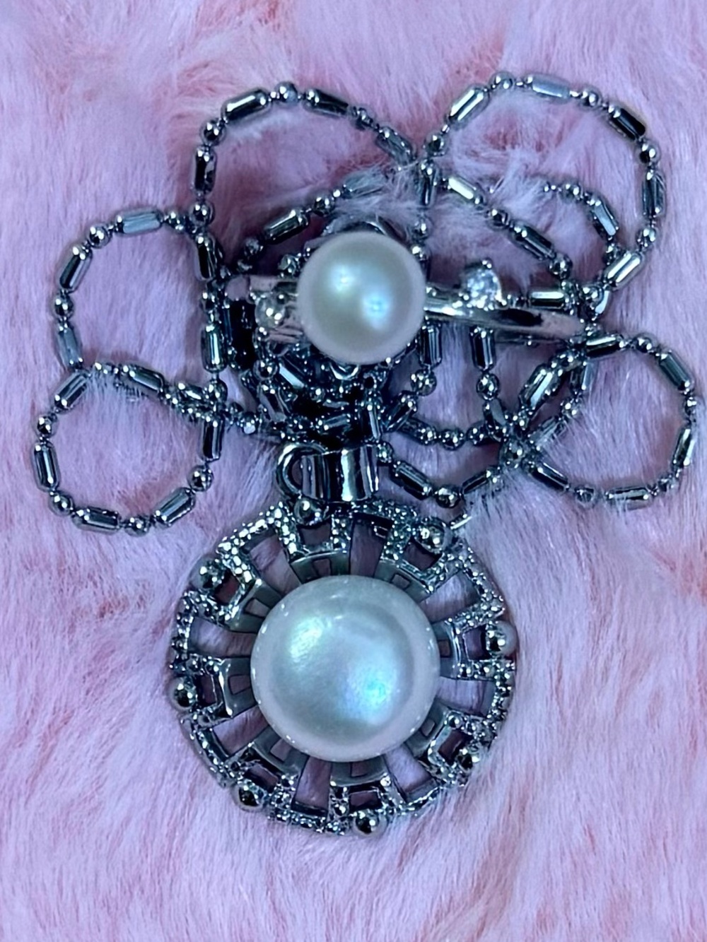 Elegant Sterling Silver White South Sea Pearl Pendant Necklace & Adjustable Ring